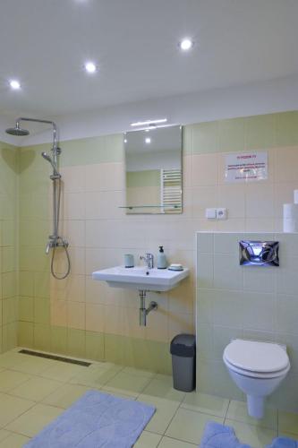 Koupelna s bezbariérovým sprchovým koutem, umyvadlem a WC s madlem